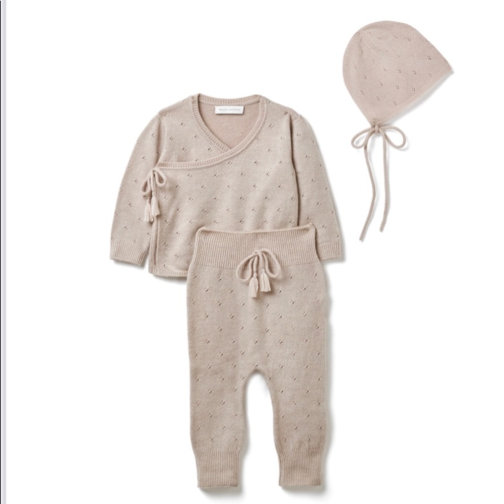 Belle Enfant Pointelle wrap top, leggings and bonnet set 0-3 months in alabaster